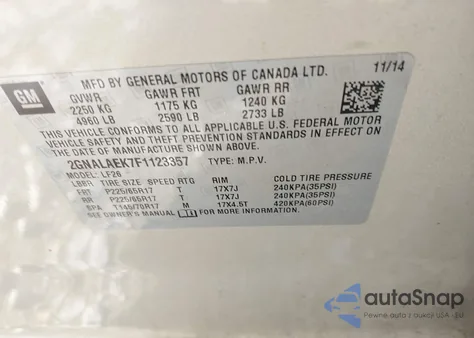 2015 Chevrolet Equinox Ls z USA, uszkodzony, nr VIN 2GNALAEK7F1123357